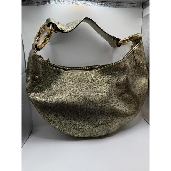 Gucci Gold Pebbled Leather Bamboo Ring Hobo Bag - Picture 2 of 9